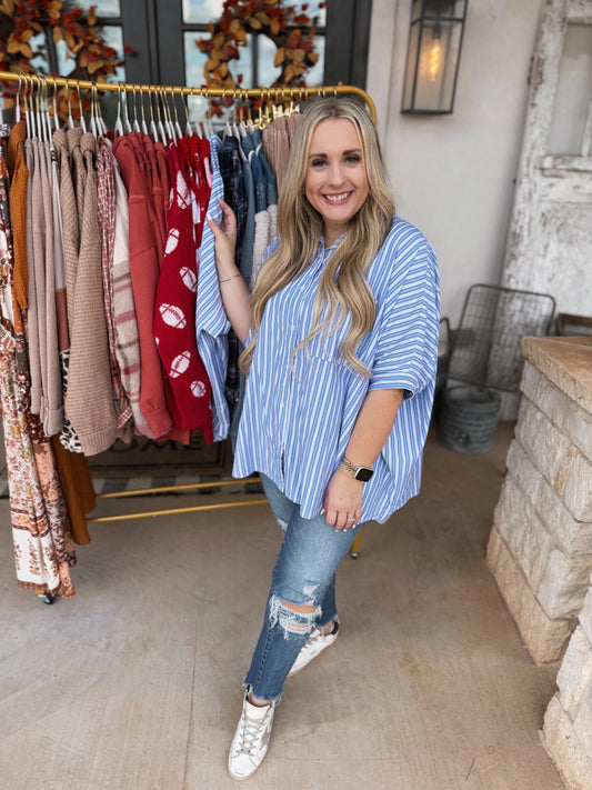 Pick Up - Put Together Blue & White Button-Down Dolman Top