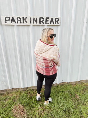 Pick Up - Tried & True Oatmeal & Garnet Plaid Half Zip Puffer Hoodie