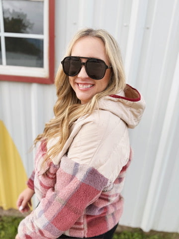 Pick Up - Tried & True Oatmeal & Garnet Plaid Half Zip Puffer Hoodie