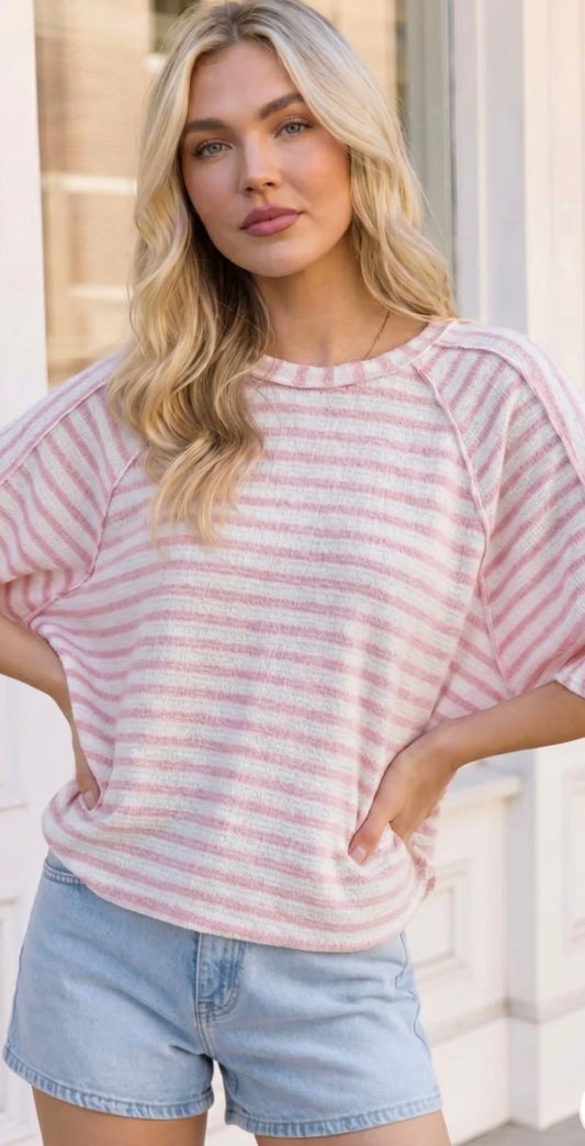Pick UP -Casual Chic Pink & Cream Stripe Raglan