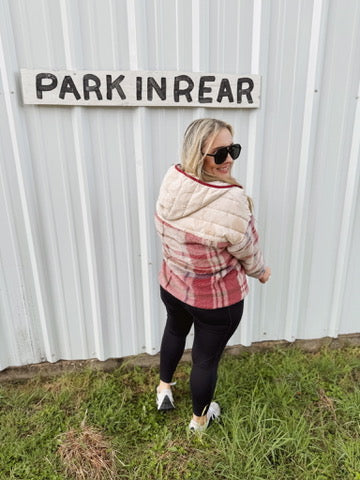 Pick Up - Tried & True Oatmeal & Garnet Plaid Half Zip Puffer Hoodie