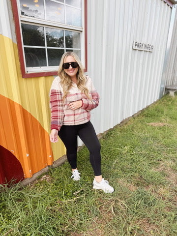 Pick Up - Tried & True Oatmeal & Garnet Plaid Half Zip Puffer Hoodie