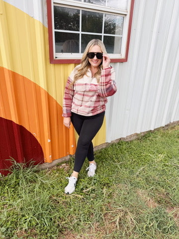 Pick Up - Tried & True Oatmeal & Garnet Plaid Half Zip Puffer Hoodie