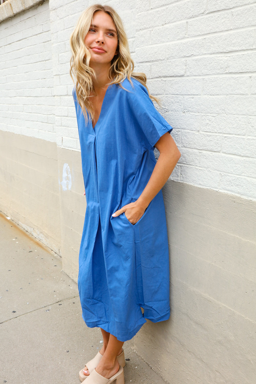 Casual Chic Blue Cotton V Neck Pocketed Midi Dress