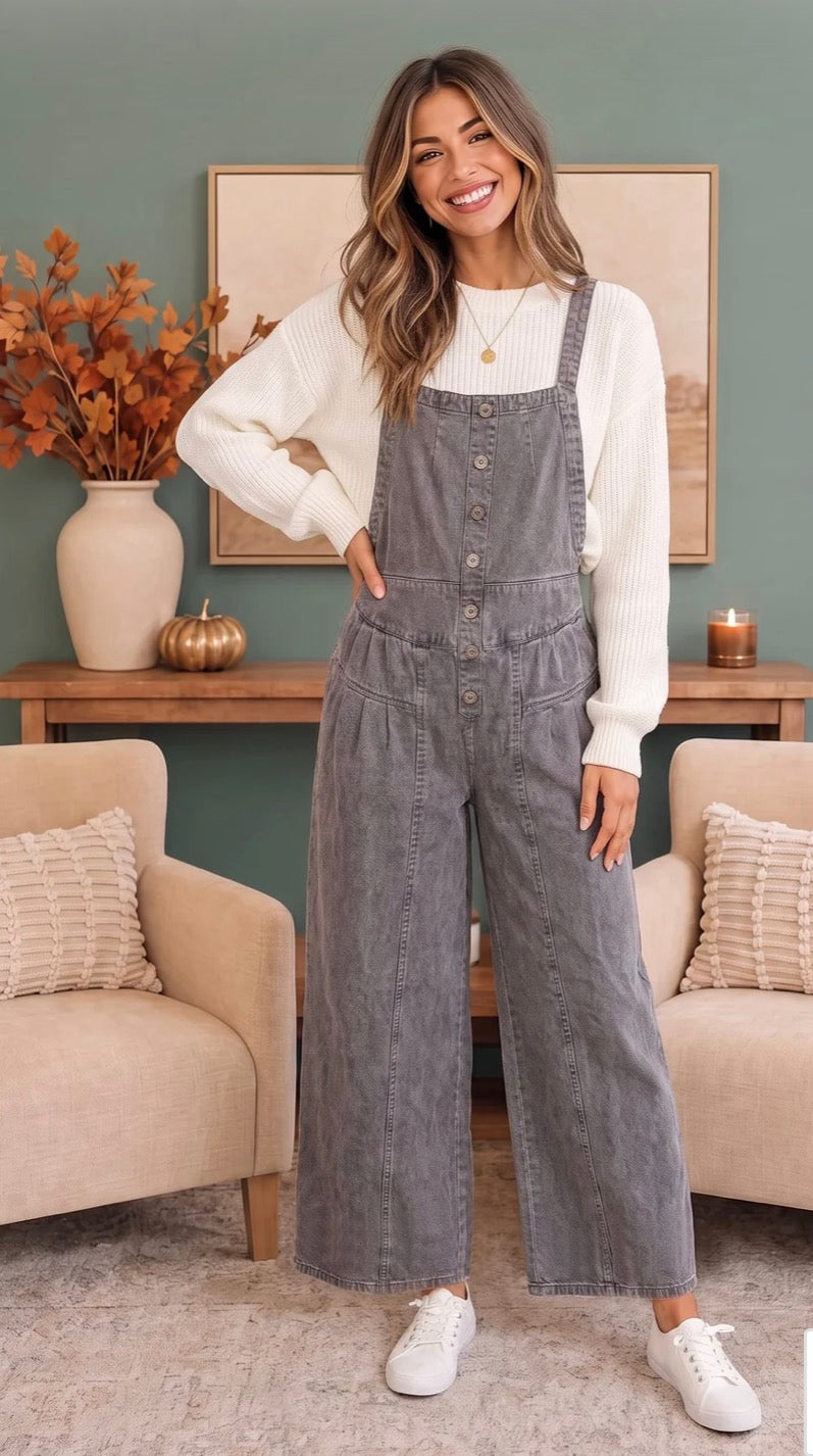 Pick Up - Textured Wide Leg Bib Overalls