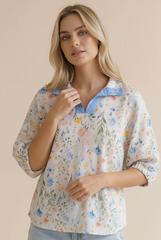 Pick Up - Gingham Detail Floral Dolman Sleeve Top