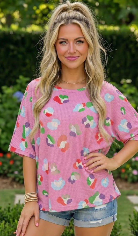 Pick Up - WAFFLE KNIT COLORFUL PRINT OVERSIZED TOP