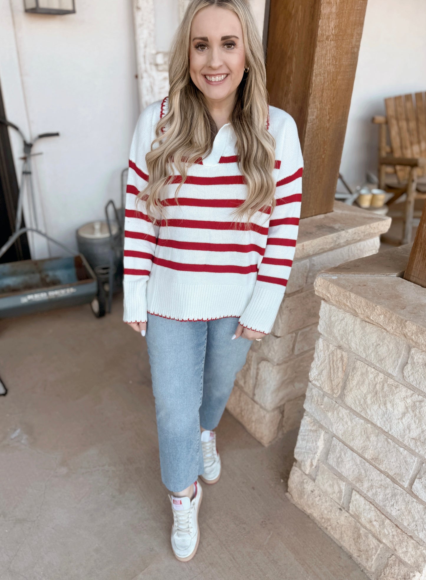 Pick Up - Game Day Red and Ivory Striped Sweater