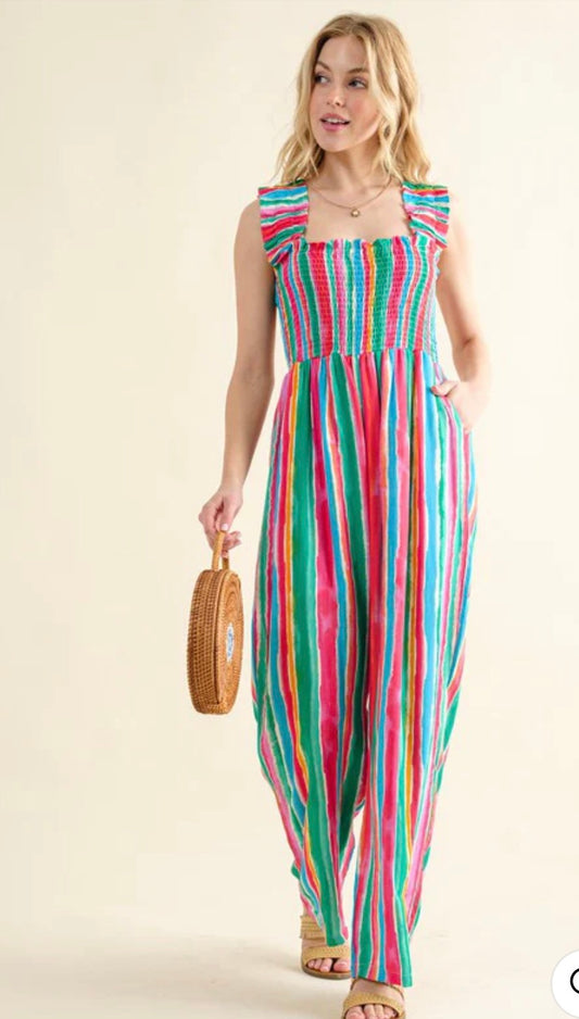 Pick Up - Stripe Smocked Jumpsuit