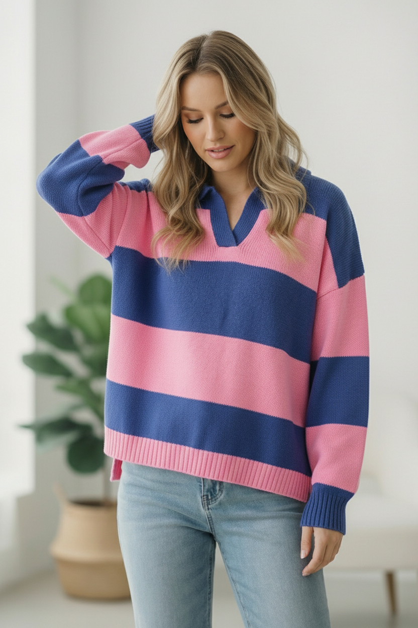 I'll Be On The Sidelines Blue and Pink Sweater
