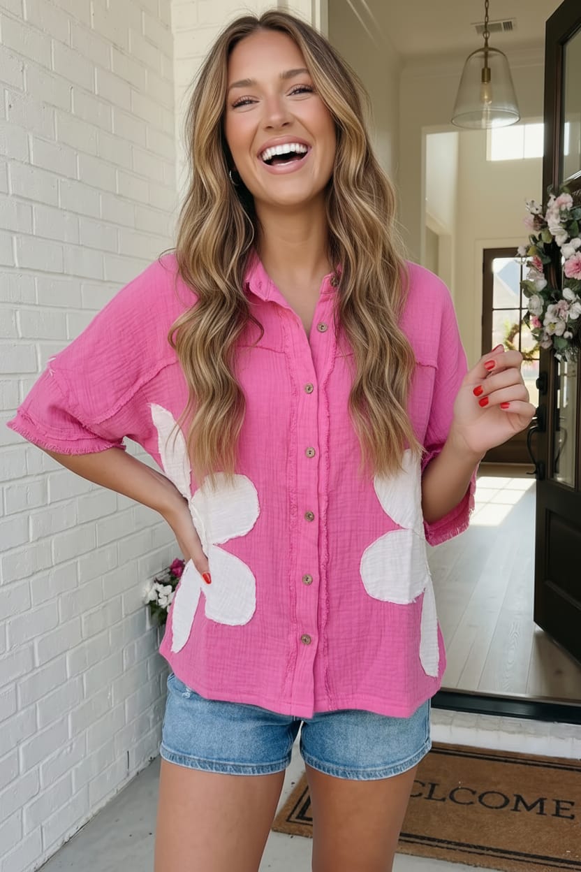 Pick Up - Big Bloom Button Down in Hot Pink