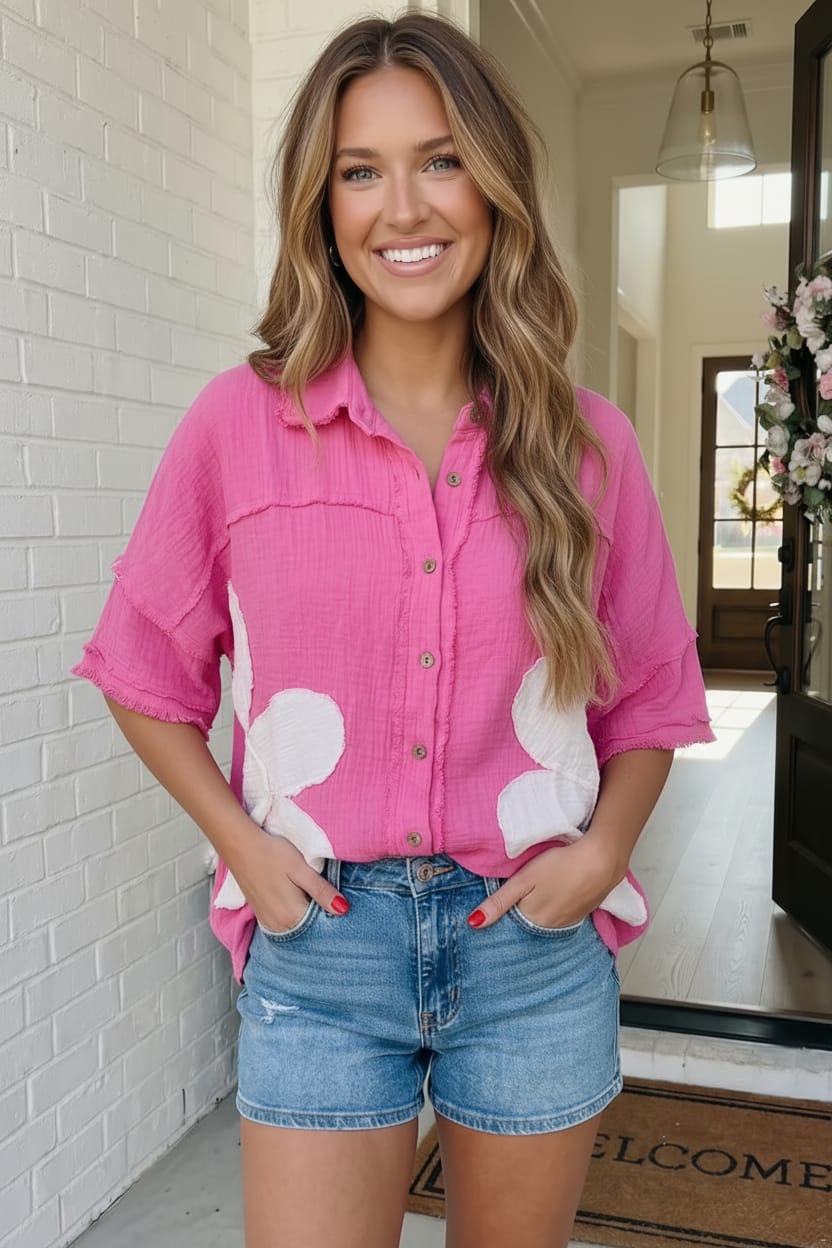 Pick Up - Big Bloom Button Down in Hot Pink