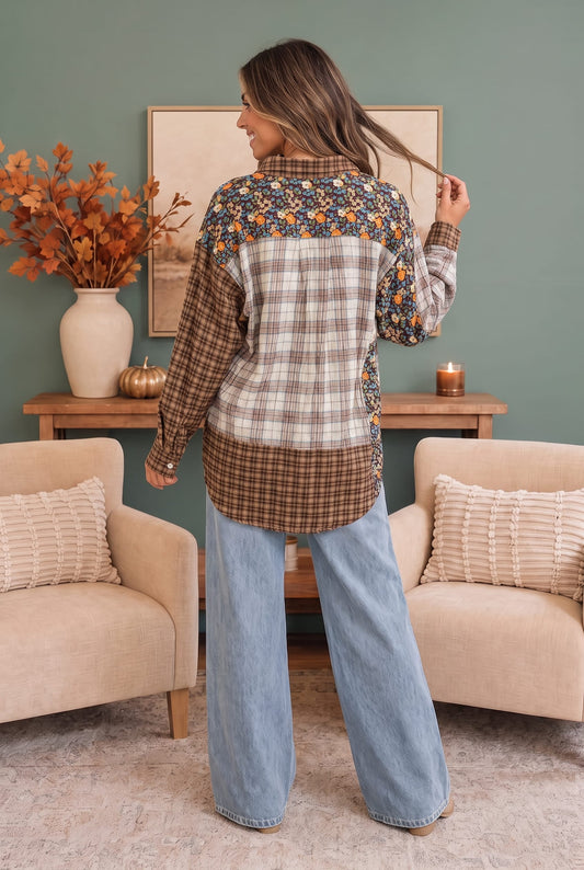 Pick Up - Patchwork Plaid Mixed Media Button Down