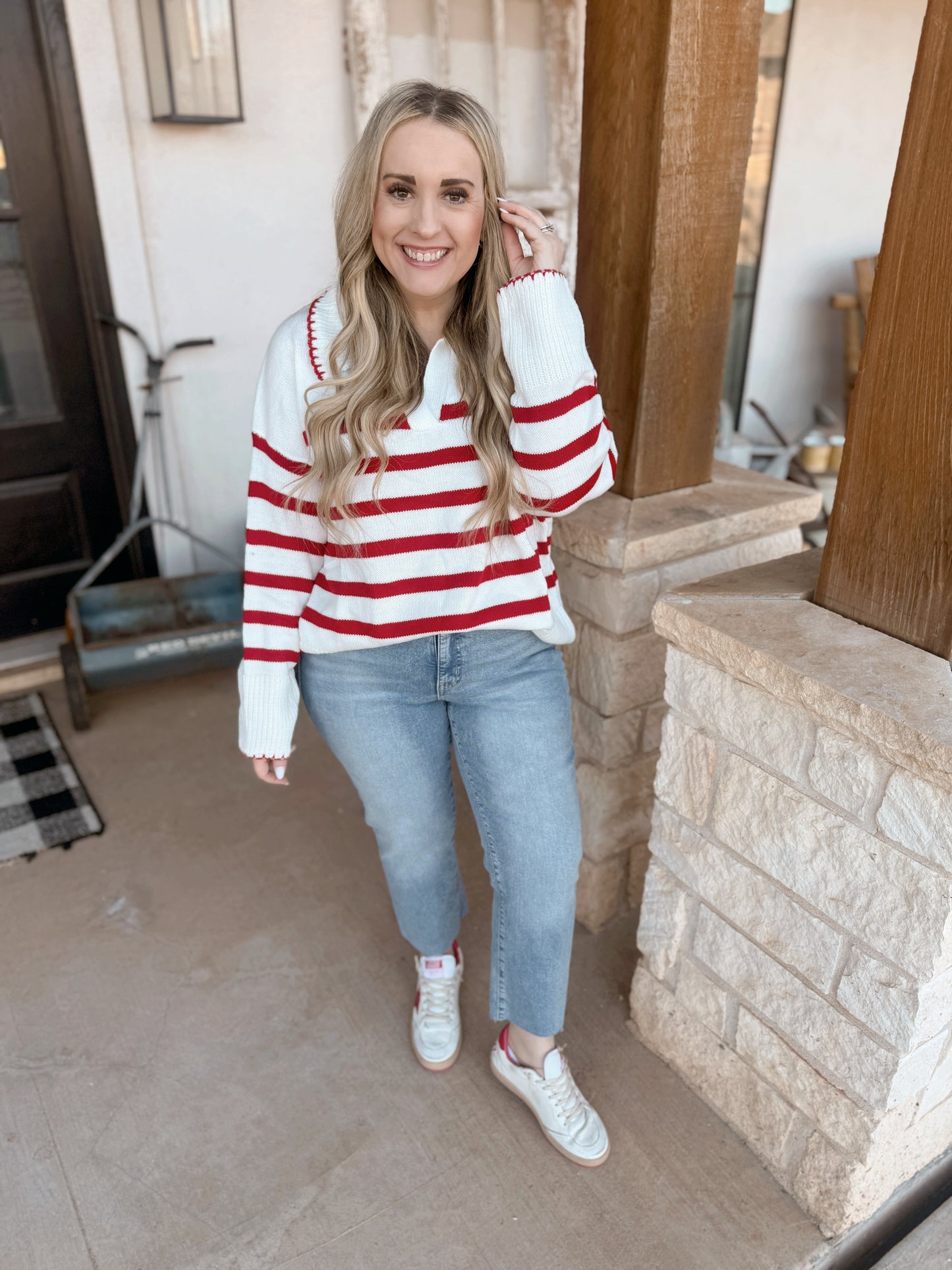Pick Up - Game Day Red and Ivory Striped Sweater