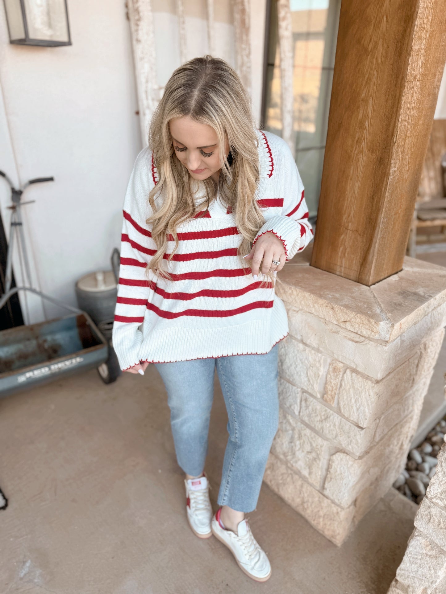 Pick Up - Game Day Red and Ivory Striped Sweater