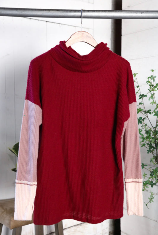 Pick Up - Waffle Reverse Seam Color Black Cowl Neck Pullover