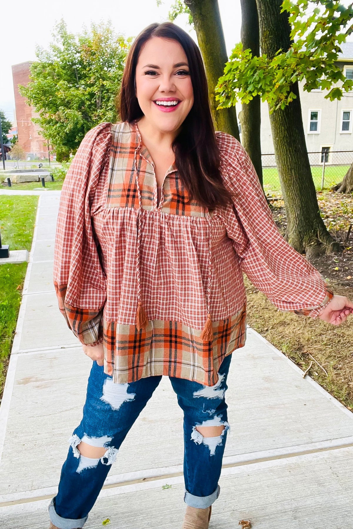 Pick Up - Under Your Spell Rust Plaid Color Block Notch Neck Top