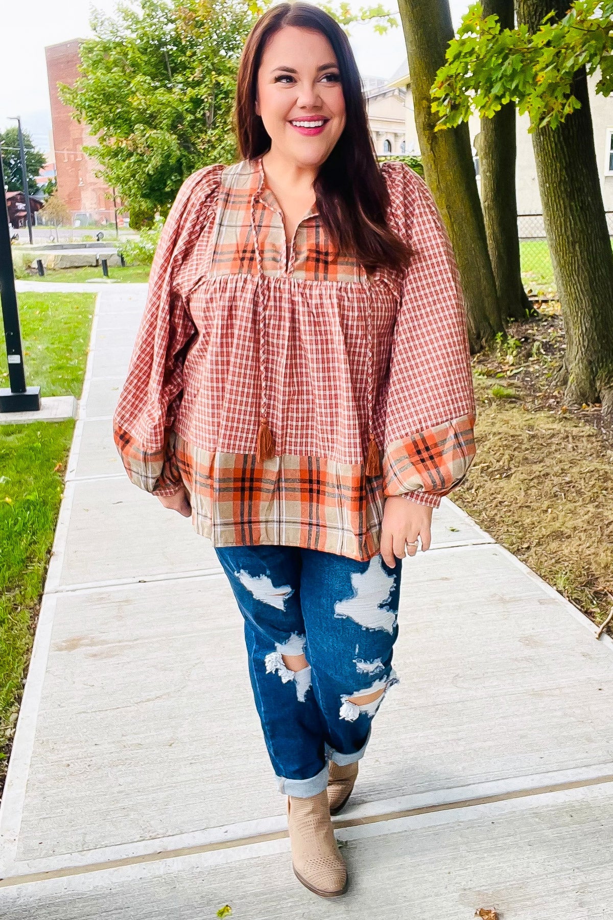 Pick Up - Under Your Spell Rust Plaid Color Block Notch Neck Top