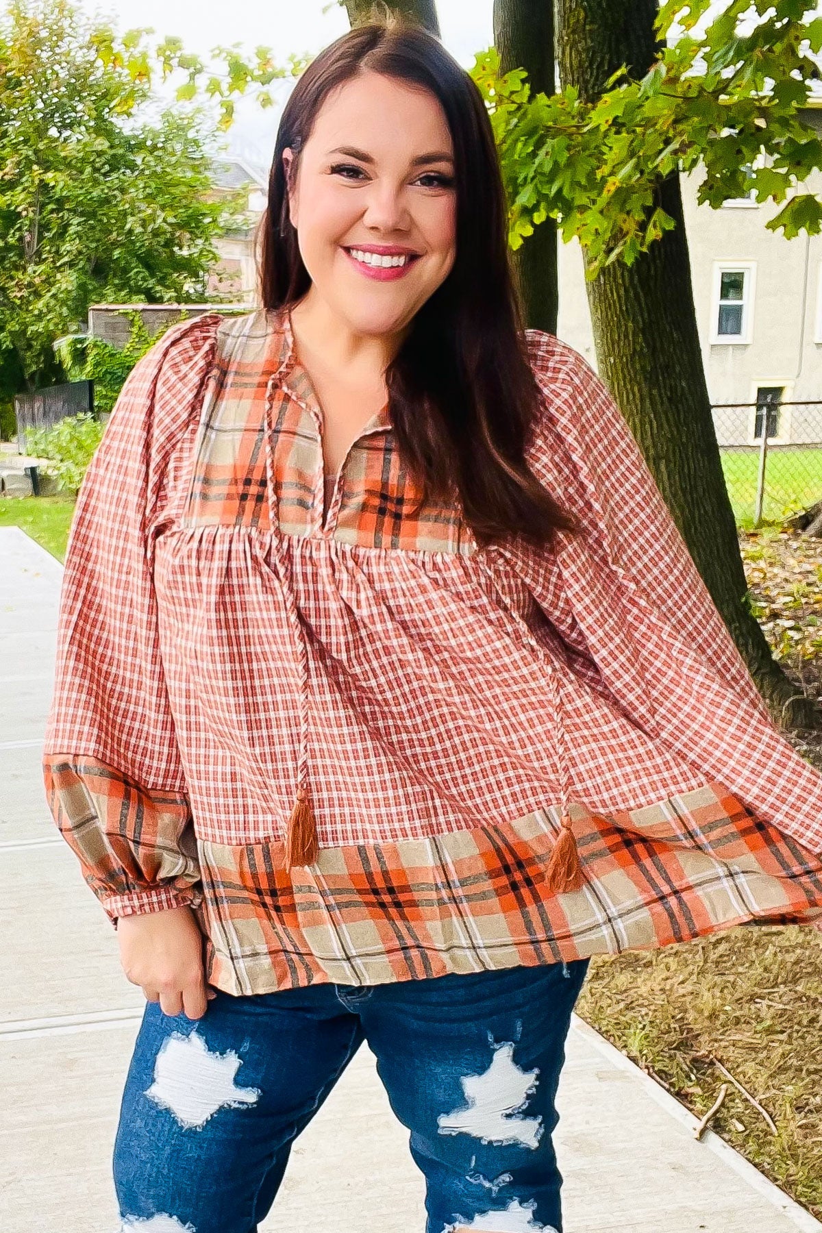 Pick Up - Under Your Spell Rust Plaid Color Block Notch Neck Top