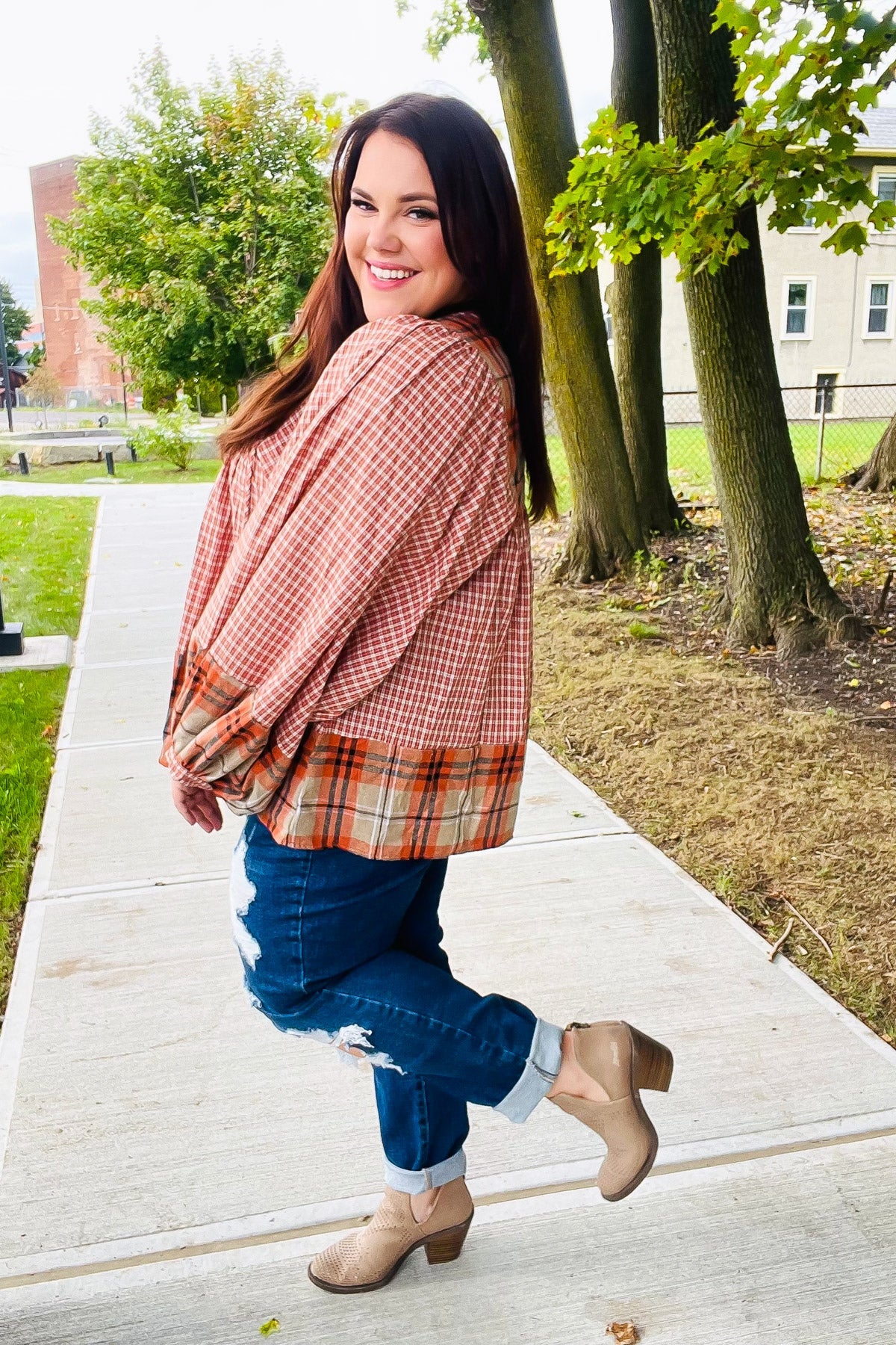 Pick Up - Under Your Spell Rust Plaid Color Block Notch Neck Top