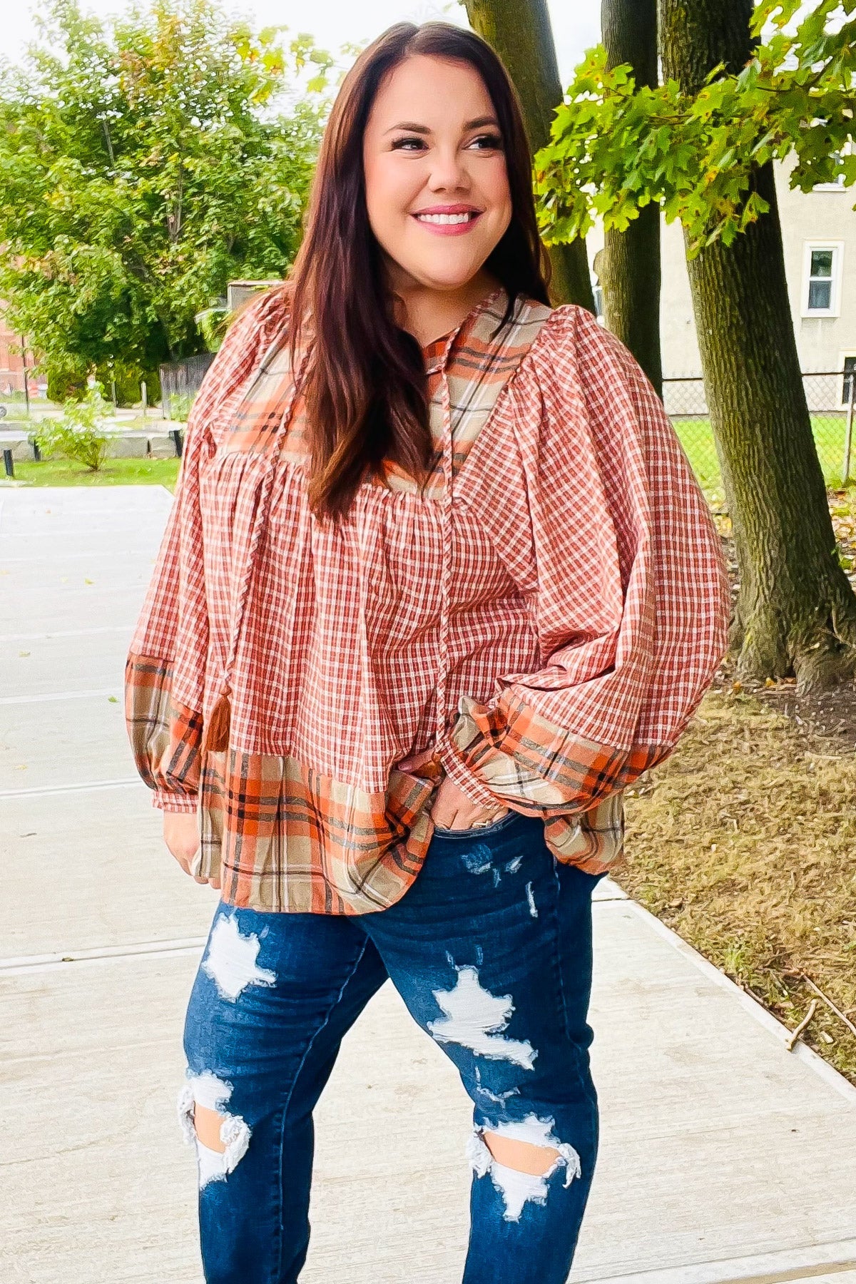 Pick Up - Under Your Spell Rust Plaid Color Block Notch Neck Top