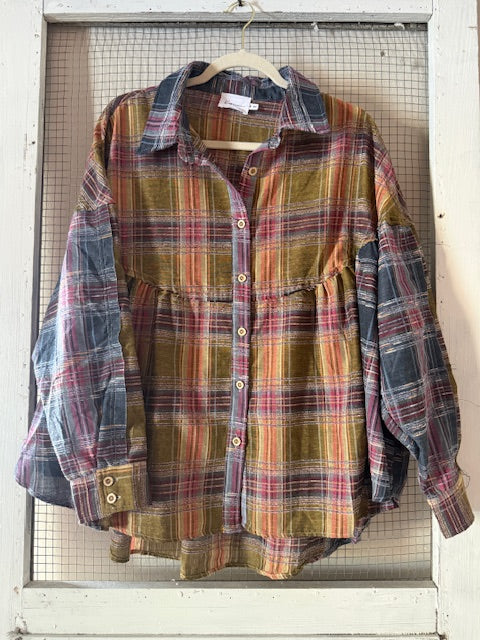 Pick Up - Plaid Color Block Babydoll Shirt