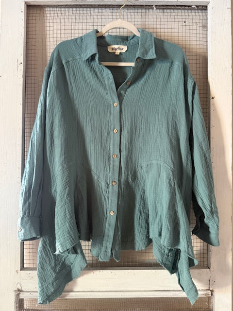 Pick Up - Teal Button Down Sharkbite Cotton Tunic Top
