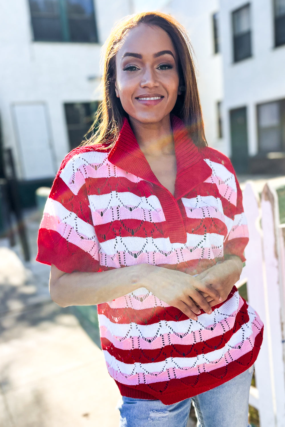 Pick Up - Game Day Ready Pointelle Collared Notch Neck Sweater