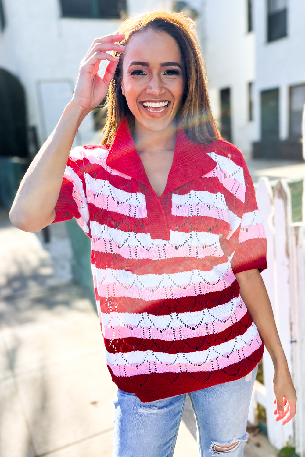 Pick Up - Game Day Ready Pointelle Collared Notch Neck Sweater