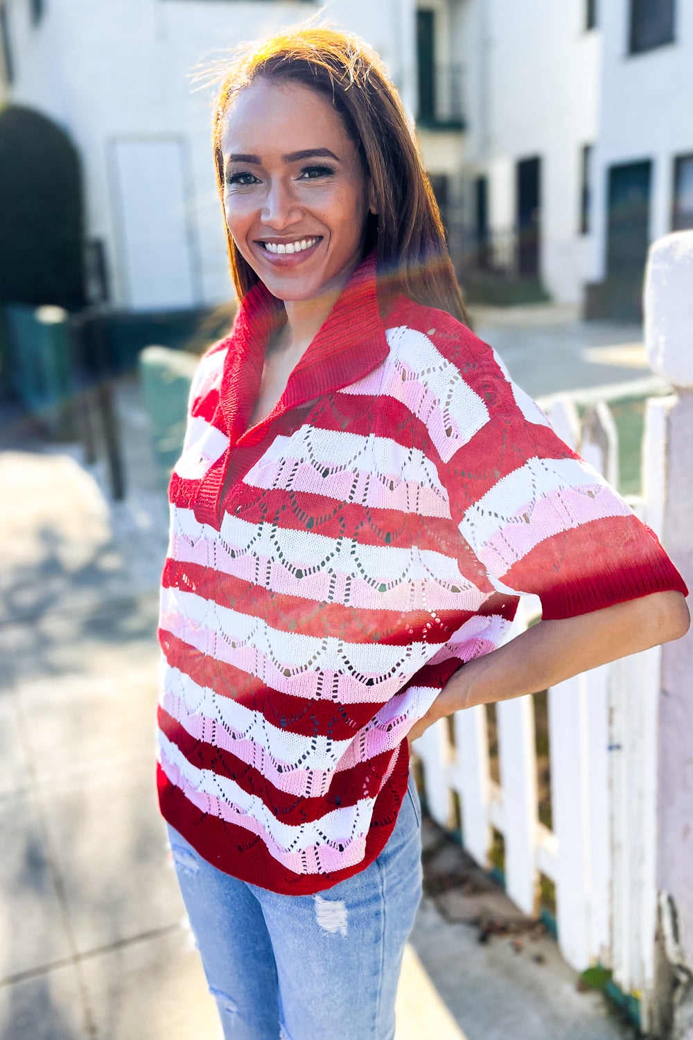 Pick Up - Game Day Ready Pointelle Collared Notch Neck Sweater