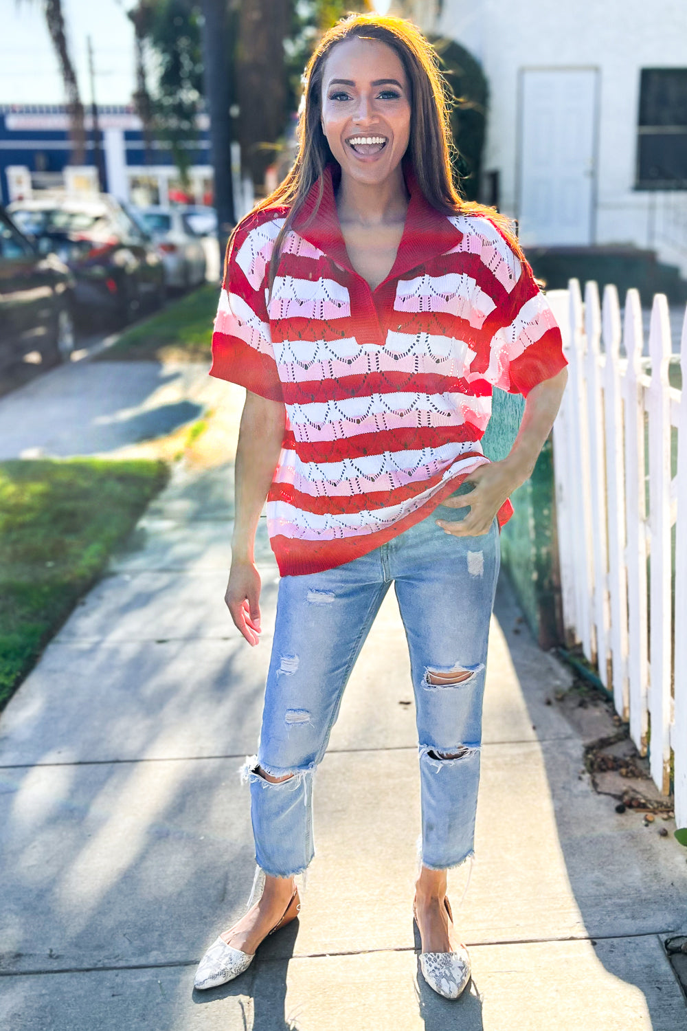 Pick Up - Game Day Ready Pointelle Collared Notch Neck Sweater