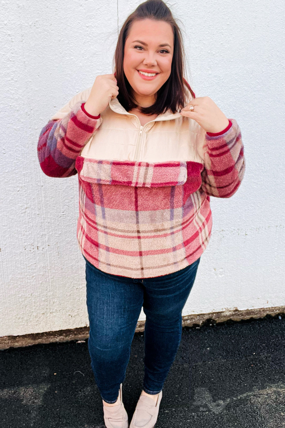Pick Up - Tried & True Oatmeal & Garnet Plaid Half Zip Puffer Hoodie