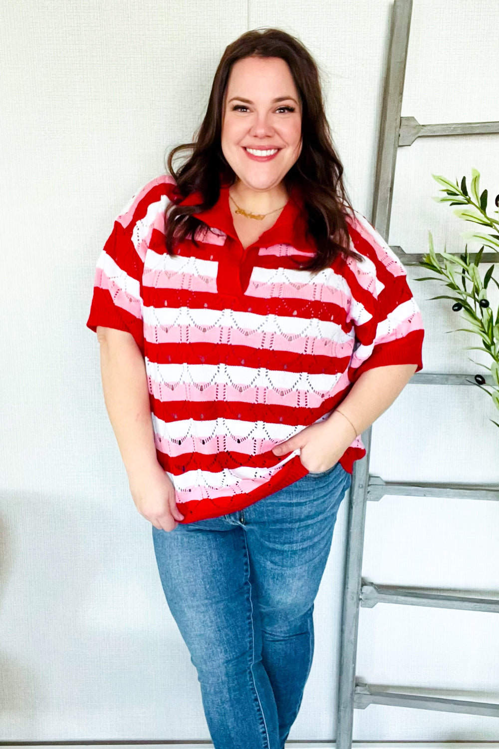 Pick Up - Game Day Ready Pointelle Collared Notch Neck Sweater