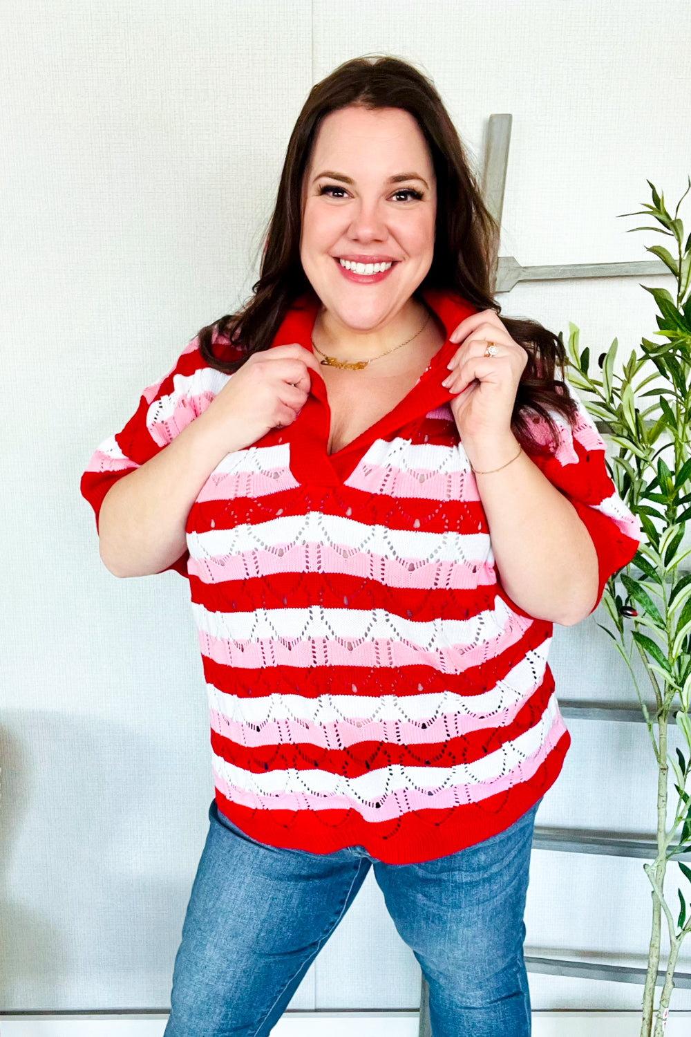 Pick Up - Game Day Ready Pointelle Collared Notch Neck Sweater