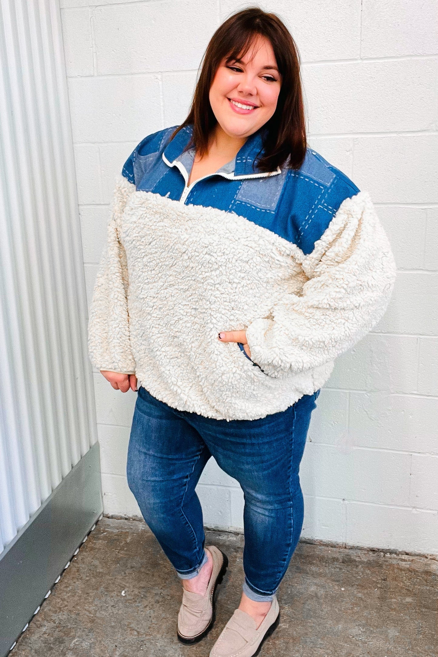 Pick Up - Good Vibes Denim & Ivory Patchwork Sherpa Half Zip Pullover