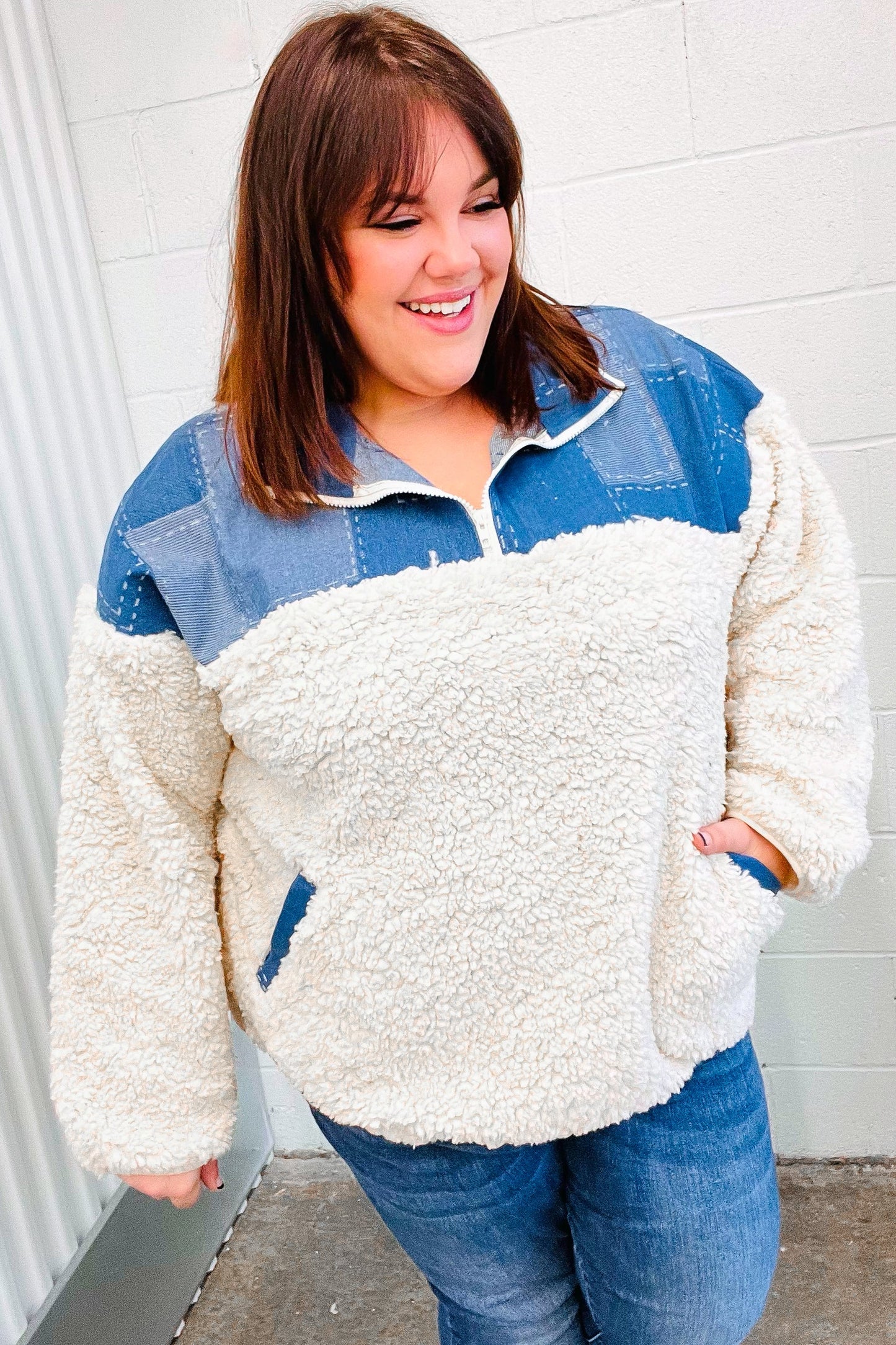 Pick Up - Good Vibes Denim & Ivory Patchwork Sherpa Half Zip Pullover