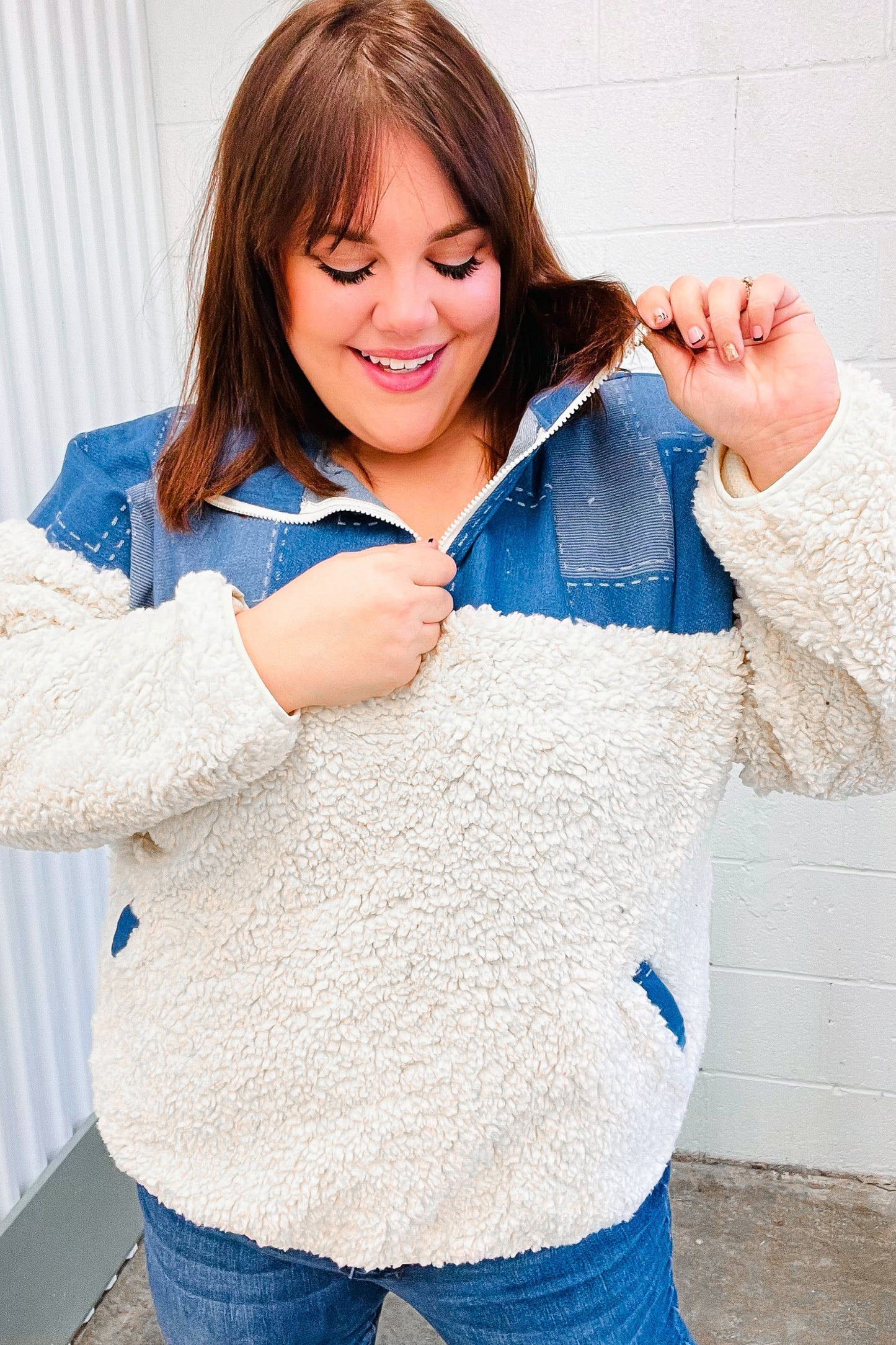 Pick Up - Good Vibes Denim & Ivory Patchwork Sherpa Half Zip Pullover