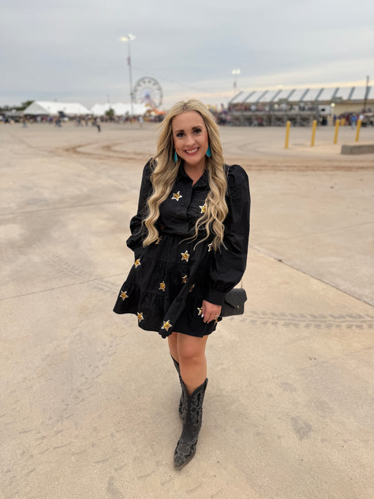 Pick Up - Black Sequin Stars Applique Pocketed Holiday Dress