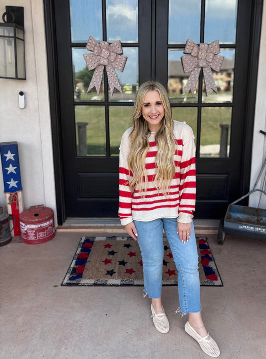 Pick Up - Red, White, & Bloom Striped Sweater