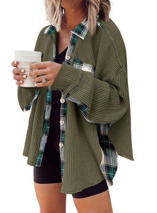 Pick Up - Waffle Botton Down with Plaid Details Shirt