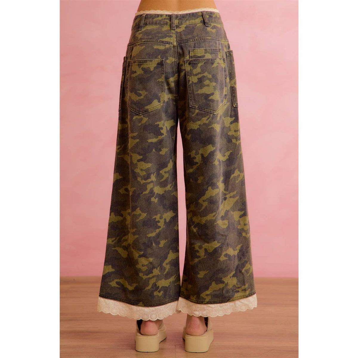 Pick Up - CAMO CROCHET LACE TRIM RELAXED STRAIGHT WIDE LEG PANTS