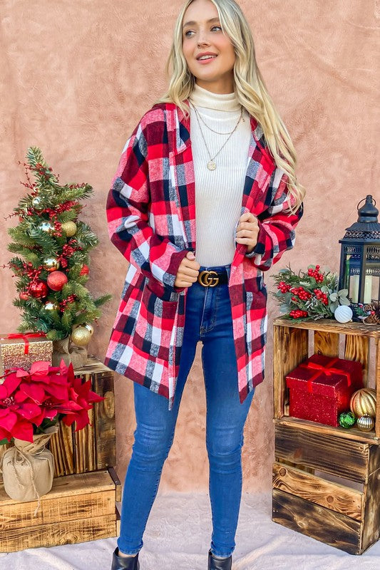 Pick Up - Red Riding Hooded Plaid Cardigan