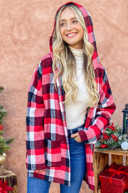Pick Up - Red Riding Hooded Plaid Cardigan
