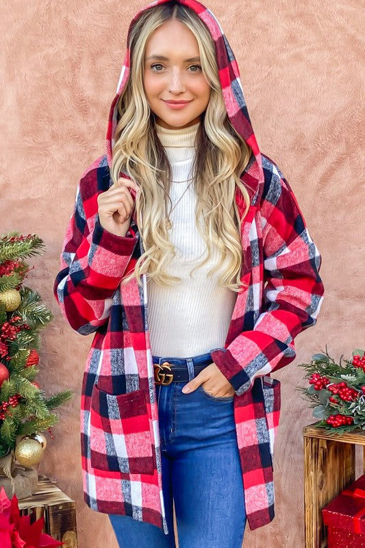 Pick Up - Red Riding Hooded Plaid Cardigan