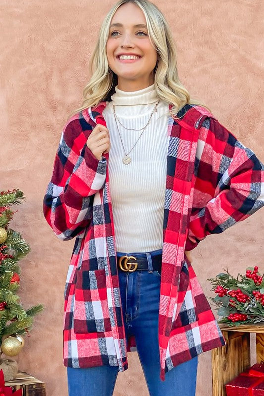 Pick Up - Red Riding Hooded Plaid Cardigan