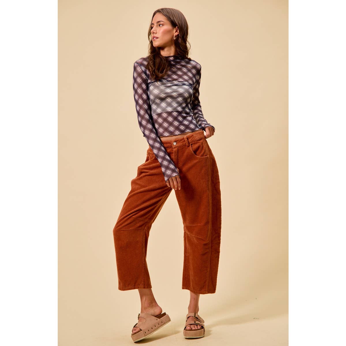 Pick Up - RUST MID RISE CORDUROY BARREL PANTS