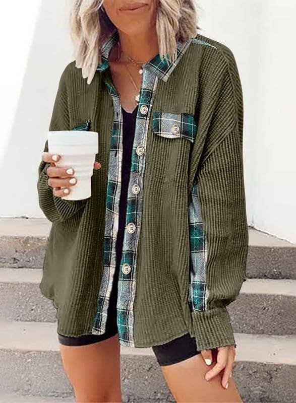 Pick Up - Waffle Botton Down with Plaid Details Shirt