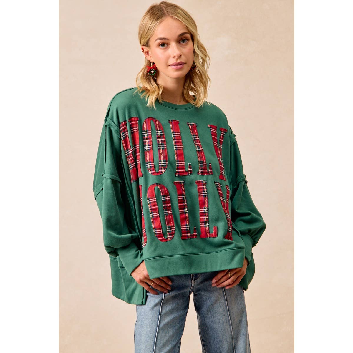 Pick Up - CHRISTMAS PLAID HOLLY JOLLY LETTERING SWEATSHIRT