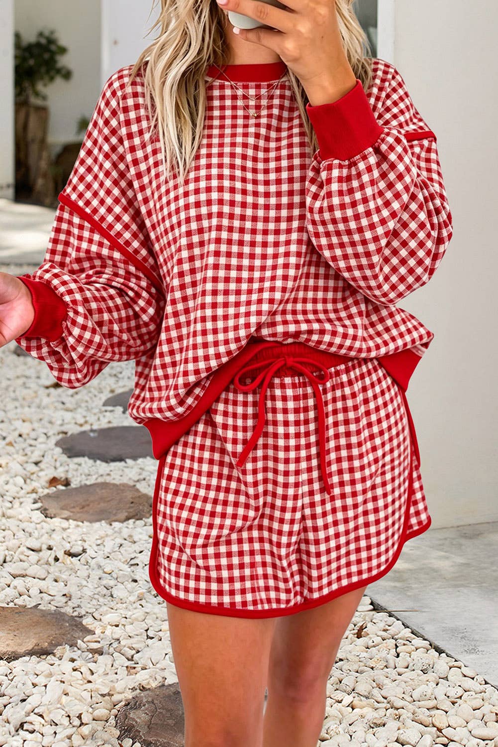 Pick Up - Red Gingham Crew Neck Top and Skort Set