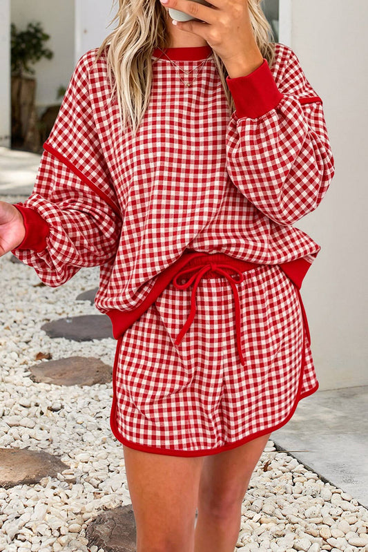 Pick Up - Red Gingham Crew Neck Top and Skort Set